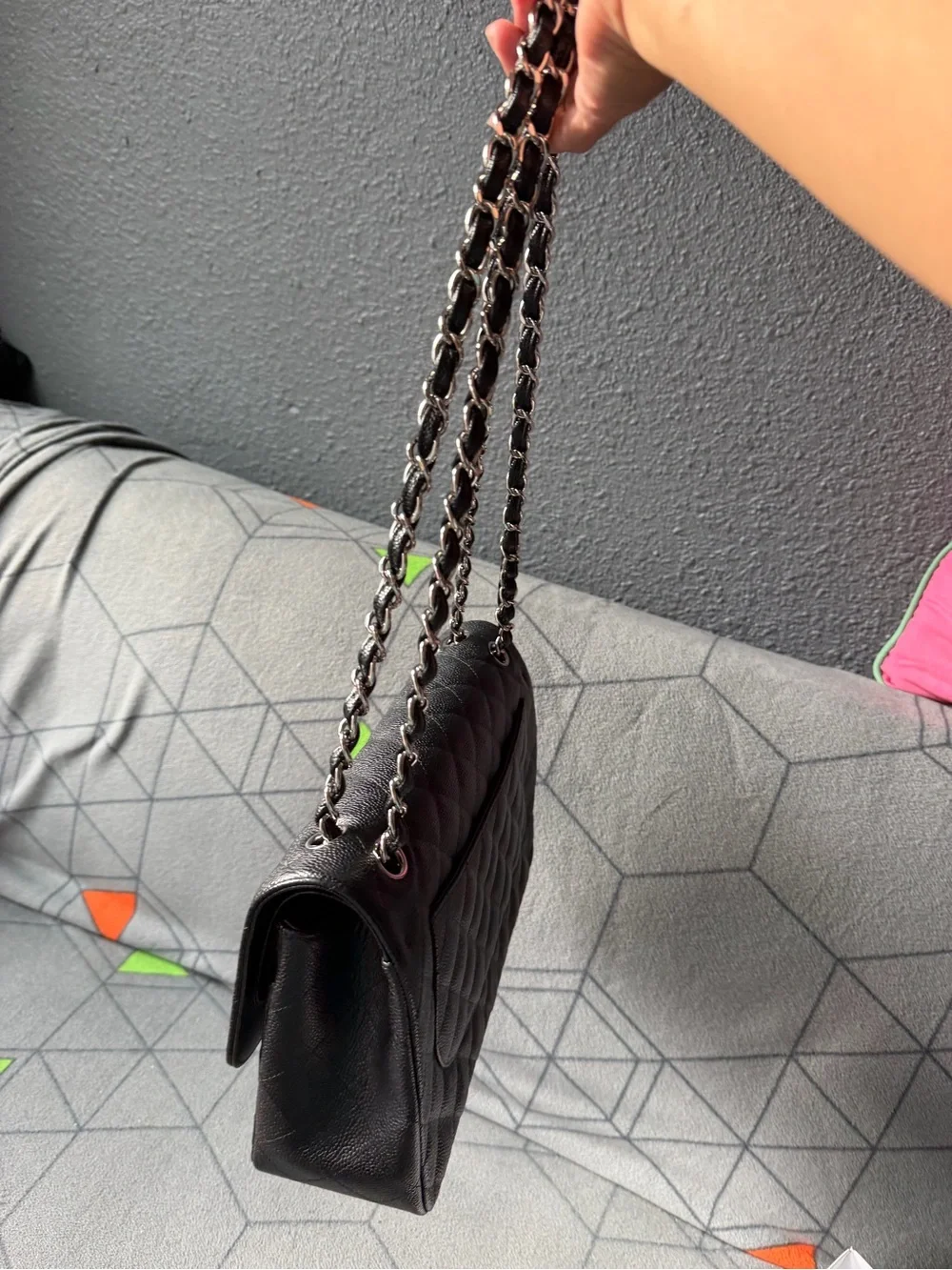 CHANEL Black Quilted Leather Chain Shoulder Bag/Jumbo double flap SHW